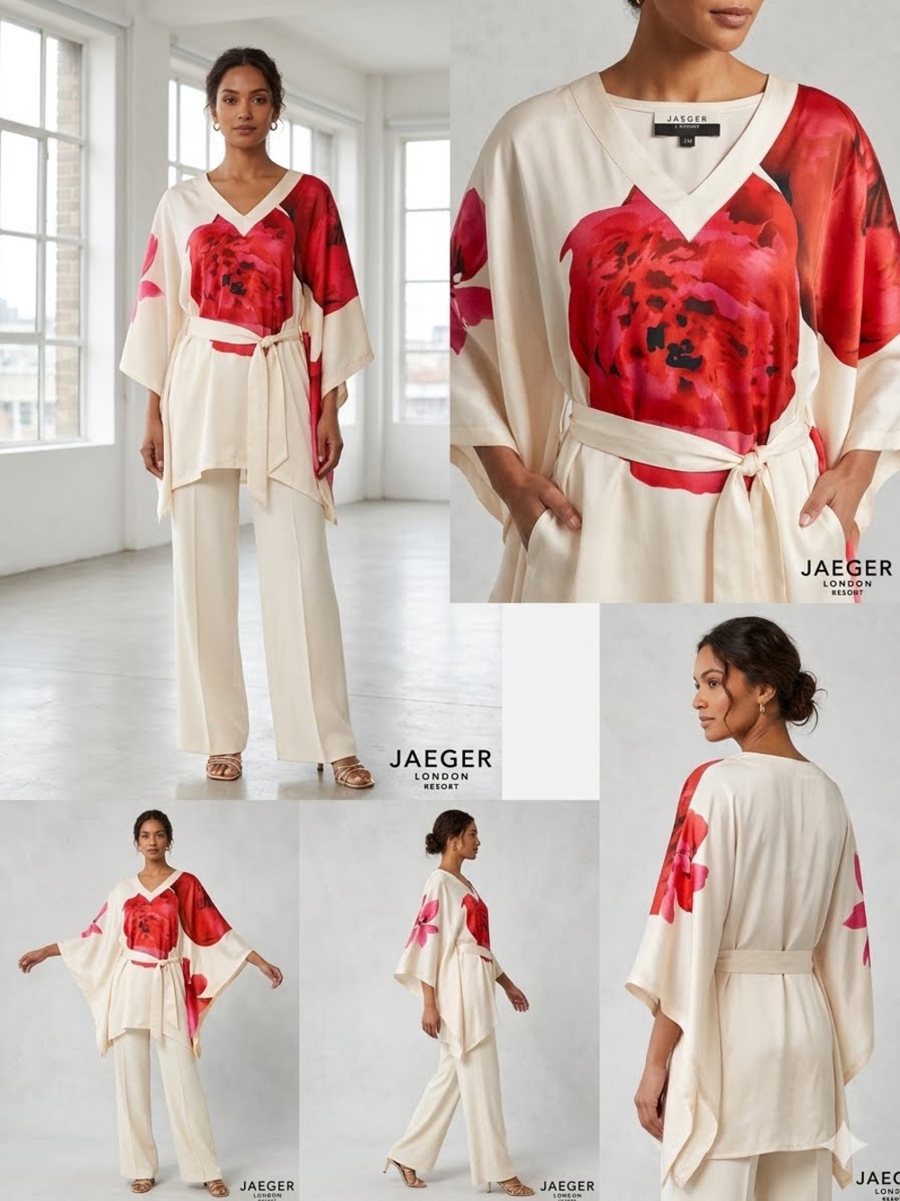 Jaeger London 100% Silk Floral Kaftan Tunic Dress V-Neck S/M